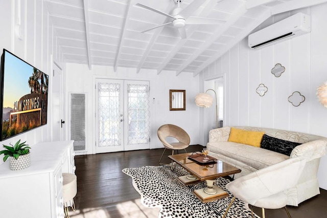 living room featuring dark wood-type flooring, french doors, vaulted ceiling with beams, ceiling fan, and a wall mounted AC