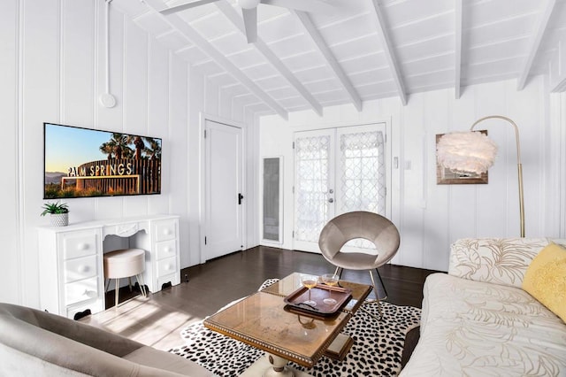 living room featuring lofted ceiling with beams, ceiling fan, dark hardwood / wood-style flooring, and french doors