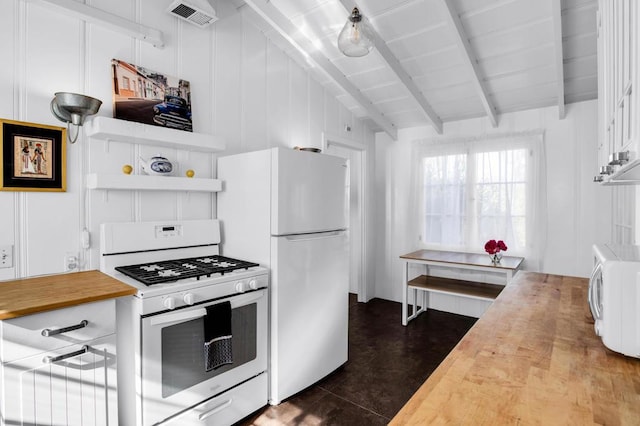 kitchen featuring lofted ceiling with beams, white appliances, butcher block countertops, and white cabinetry