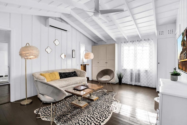 living room featuring dark hardwood / wood-style floors, lofted ceiling with beams, an AC wall unit, and ceiling fan