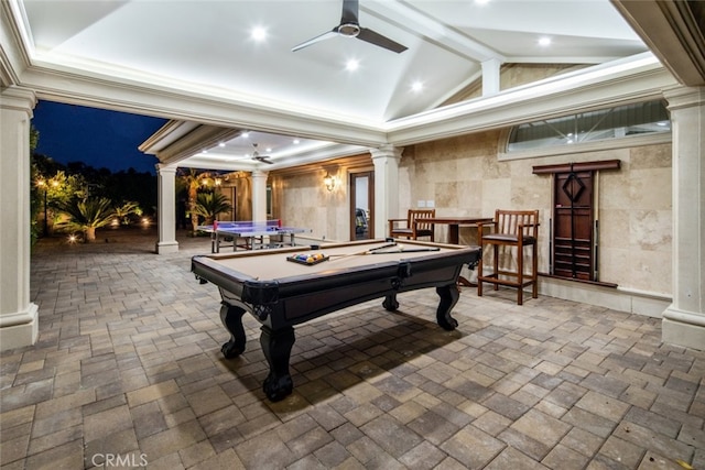 recreation room with ornamental molding, billiards, and ornate columns