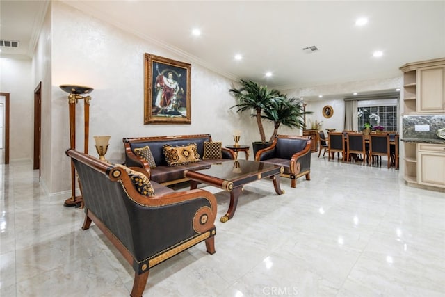 living room with crown molding