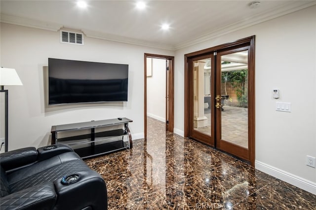 living room featuring crown molding and french doors