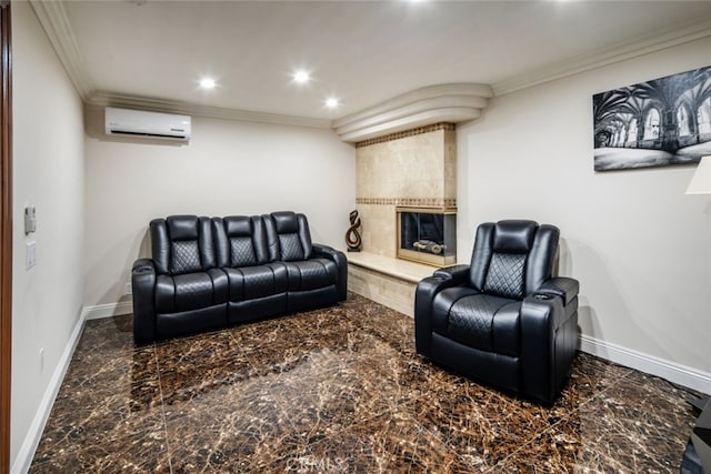 living room with a tiled fireplace, ornamental molding, and an AC wall unit