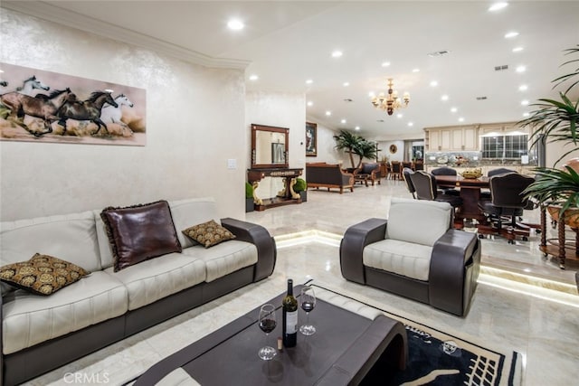 living room with an inviting chandelier and crown molding