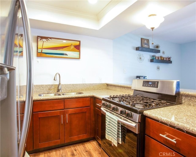 kitchen featuring appliances with stainless steel finishes, a sink, crown molding, light wood finished floors, and light stone counters