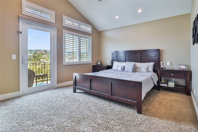 carpeted bedroom with lofted ceiling and access to outside