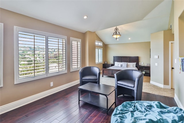 bedroom with lofted ceiling, dark hardwood / wood-style flooring, and multiple windows