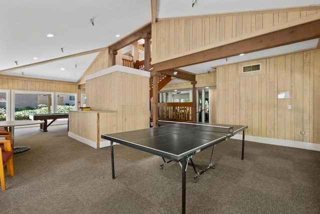 rec room featuring carpet floors, vaulted ceiling with beams, wood walls, and pool table