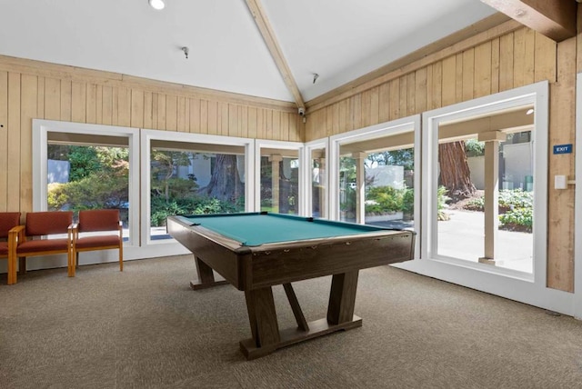 game room featuring carpet floors, beam ceiling, wooden walls, and billiards