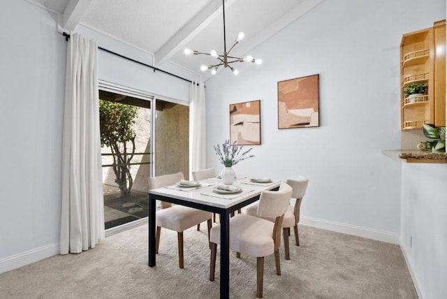 dining space with lofted ceiling with beams, light colored carpet, and a notable chandelier