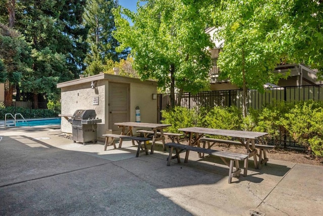 view of patio / terrace featuring a fenced in pool and a grill