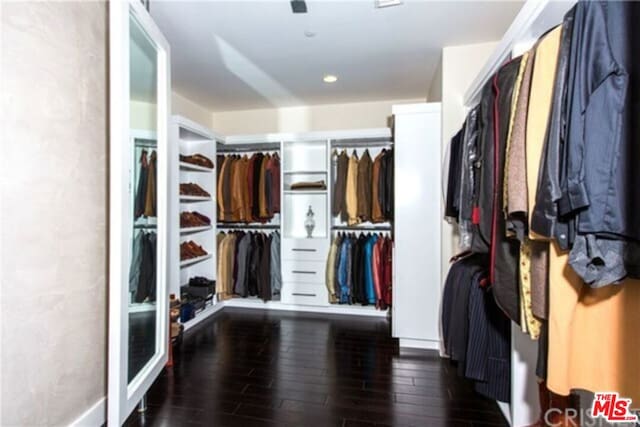 walk in closet with dark hardwood / wood-style flooring