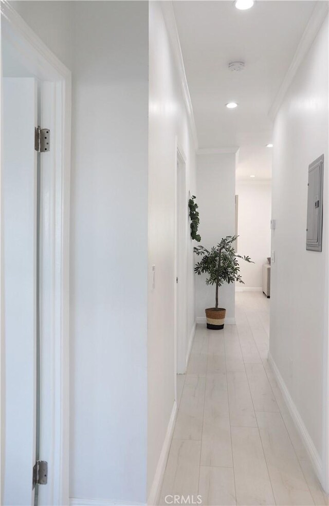 hallway featuring electric panel and crown molding