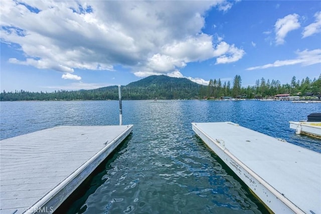 view of dock with a water and mountain view