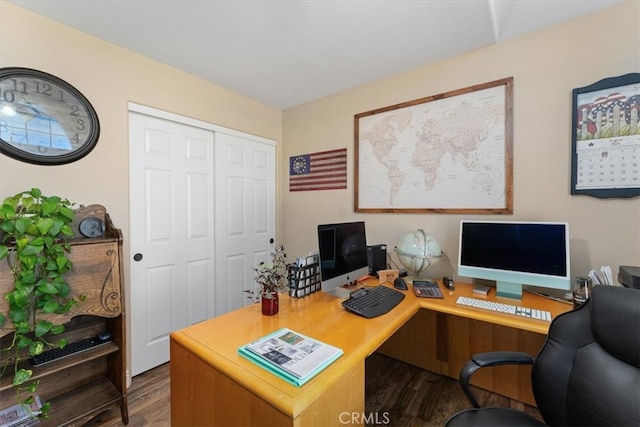 office space featuring dark wood-type flooring