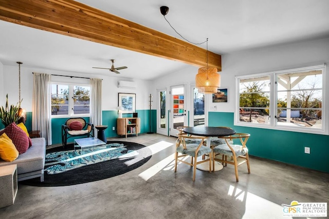 dining room featuring ceiling fan, concrete flooring, beam ceiling, and a wall mounted air conditioner