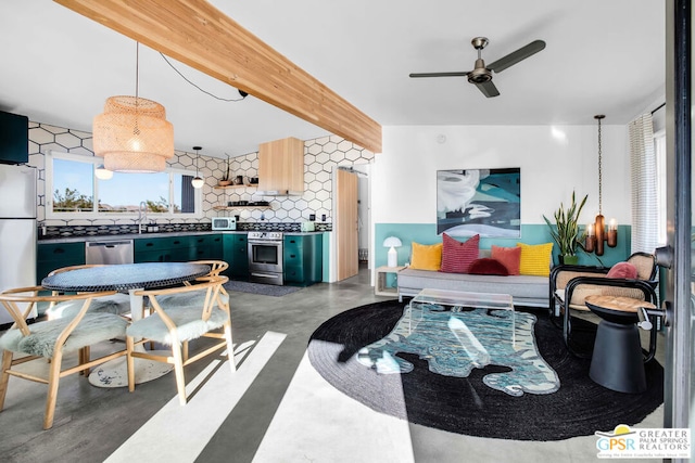 living room featuring ceiling fan, concrete flooring, and beamed ceiling