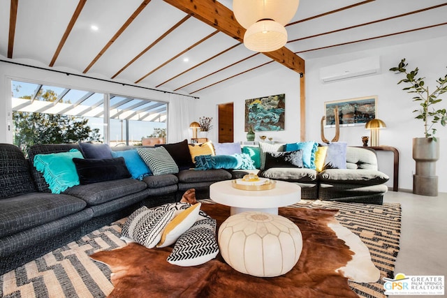 living room with a wall mounted AC, lofted ceiling with beams, and concrete floors