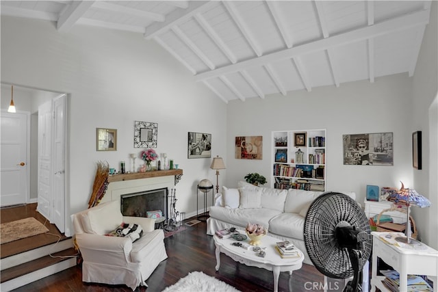 living room featuring high vaulted ceiling, beamed ceiling, and dark hardwood / wood-style flooring