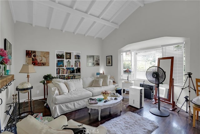 living room with high vaulted ceiling, beam ceiling, and dark wood-type flooring