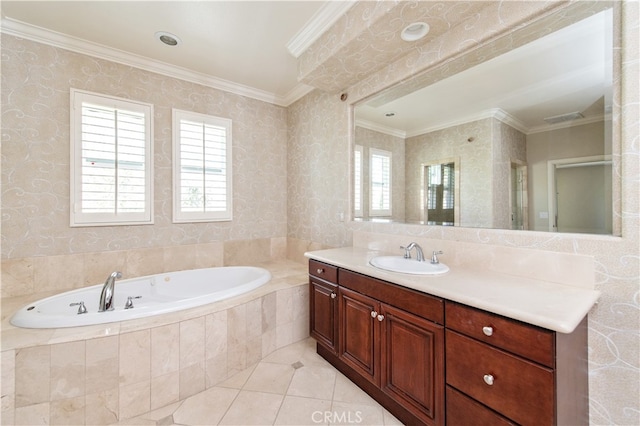 bathroom featuring crown molding, tiled bath, vanity, and tile patterned floors