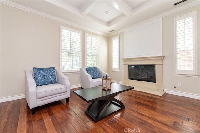 sitting room with beam ceiling, coffered ceiling, crown molding, and dark hardwood / wood-style flooring