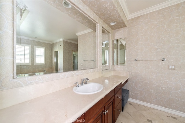 bathroom featuring walk in shower, vanity, tile patterned flooring, and ornamental molding