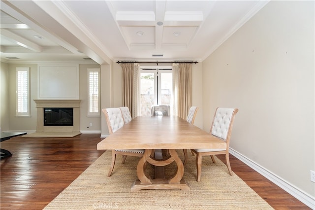 dining room with coffered ceiling, beamed ceiling, dark hardwood / wood-style floors, and crown molding