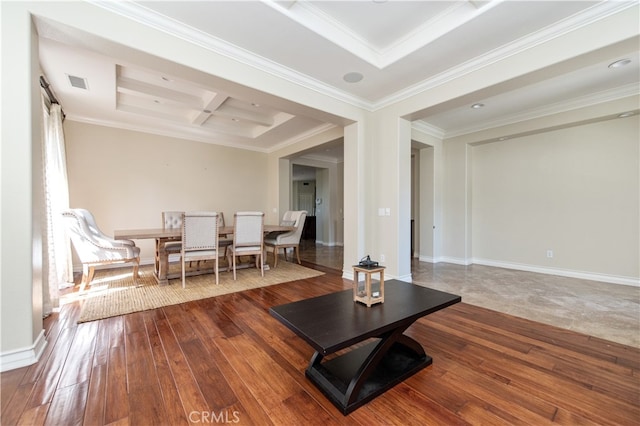 living room featuring a raised ceiling, beam ceiling, ornamental molding, coffered ceiling, and hardwood / wood-style floors