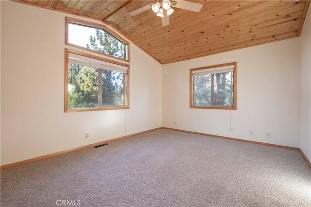 carpeted empty room featuring vaulted ceiling, ceiling fan, and wooden ceiling