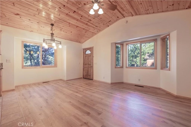 interior space with ceiling fan with notable chandelier, light wood-type flooring, lofted ceiling, and wood ceiling