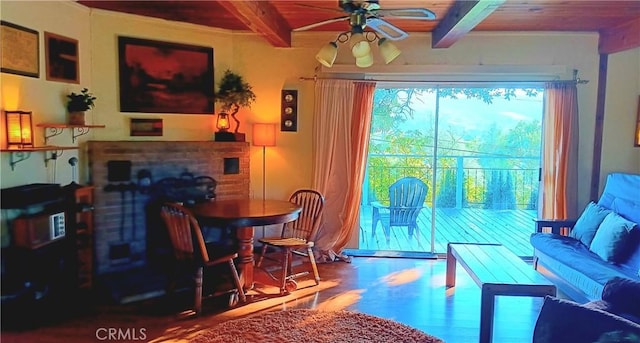 interior space featuring beam ceiling, ceiling fan, wooden ceiling, and wood-type flooring