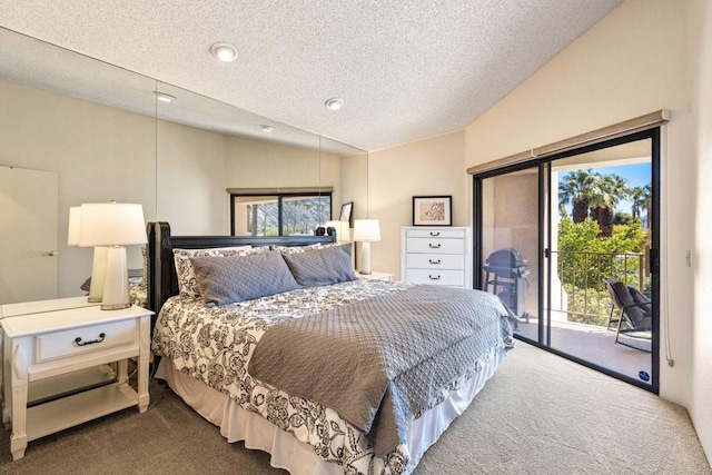 carpeted bedroom featuring a textured ceiling, lofted ceiling, and access to outside