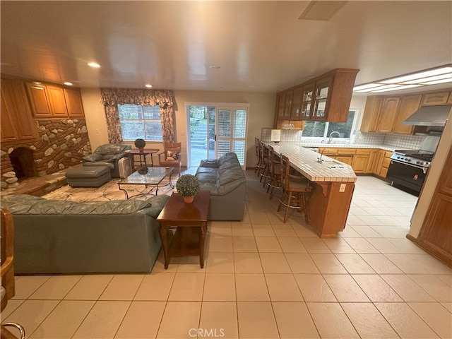 tiled living room with sink