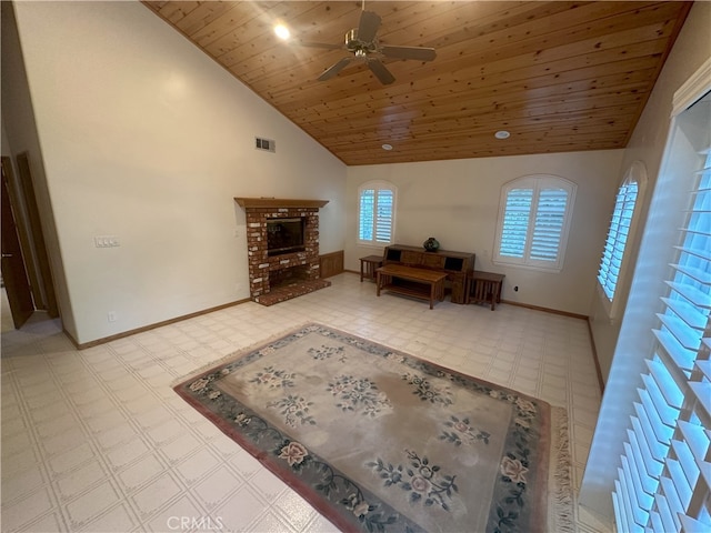 living room featuring lofted ceiling, ceiling fan, wood ceiling, and a fireplace