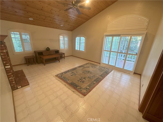 interior space featuring vaulted ceiling, wooden ceiling, a healthy amount of sunlight, and ceiling fan