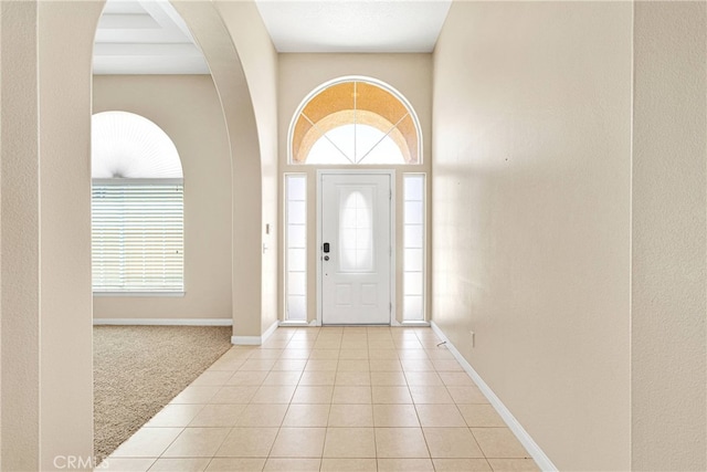 entrance foyer featuring light carpet and a wealth of natural light