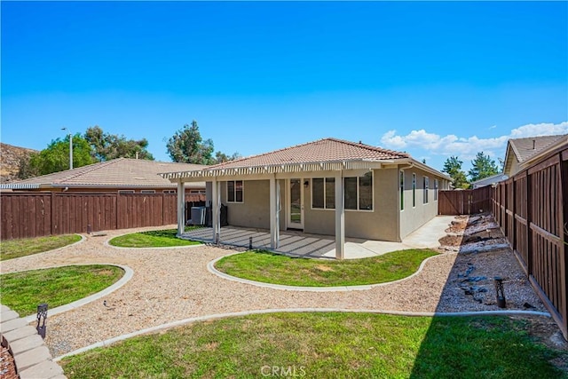 back of house with a patio area and a lawn