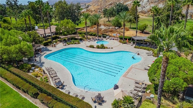 view of swimming pool with a patio area