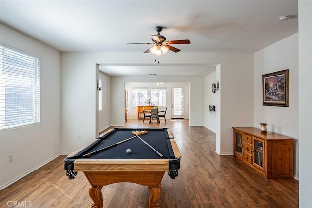 rec room featuring ceiling fan, wood-type flooring, and billiards