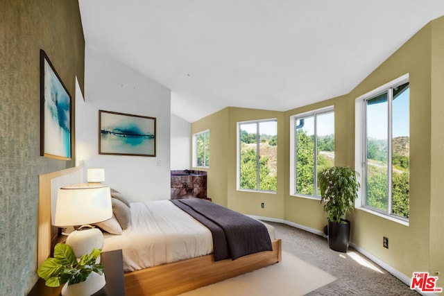 carpeted bedroom with lofted ceiling