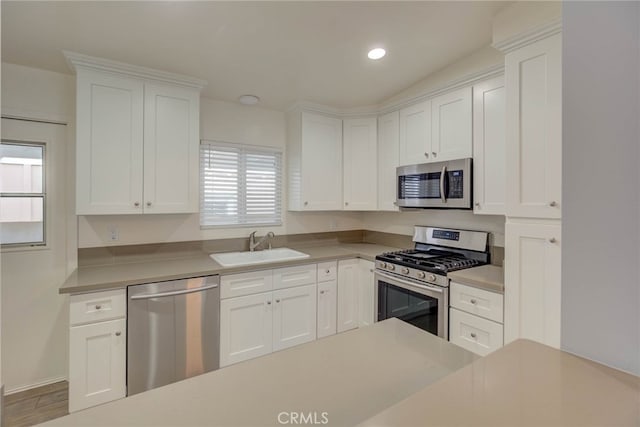 kitchen with white cabinets, sink, stainless steel appliances, and a wealth of natural light