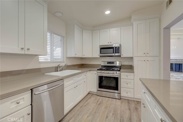 kitchen with white cabinets and appliances with stainless steel finishes