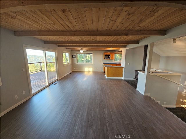 unfurnished living room featuring wood ceiling, beam ceiling, and dark hardwood / wood-style floors