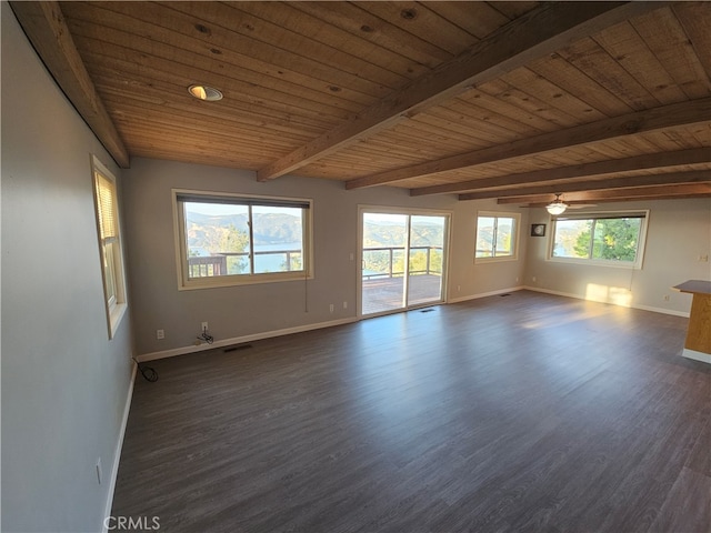 unfurnished room with wooden ceiling, beamed ceiling, ceiling fan, and dark wood-type flooring