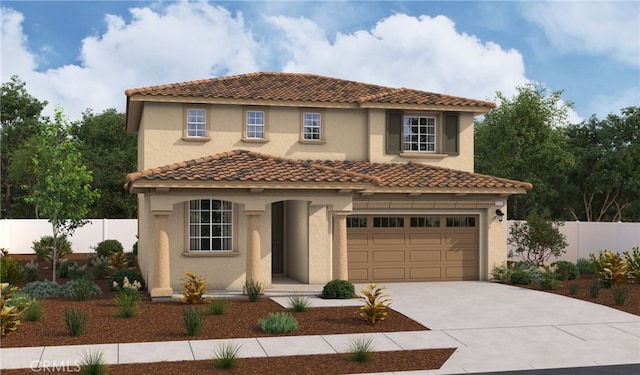 23826 Moonrise Ct, Corona, CA 92883 - mediterranean / spanish house with concrete driveway, stucco siding, a tile roof, and a garage