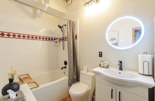 full bathroom with shower / bath combo, vanity, and toilet