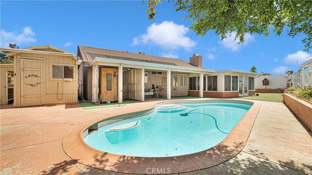 view of swimming pool with a sunroom, a patio, and a storage unit