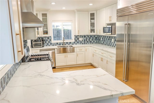 kitchen featuring decorative backsplash, light stone counters, exhaust hood, stainless steel appliances, and sink